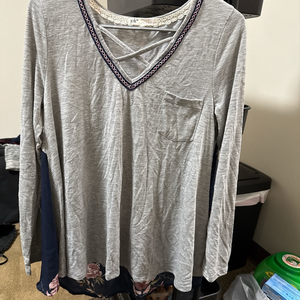 Jolie Gray and Navy V-Neck Blouse